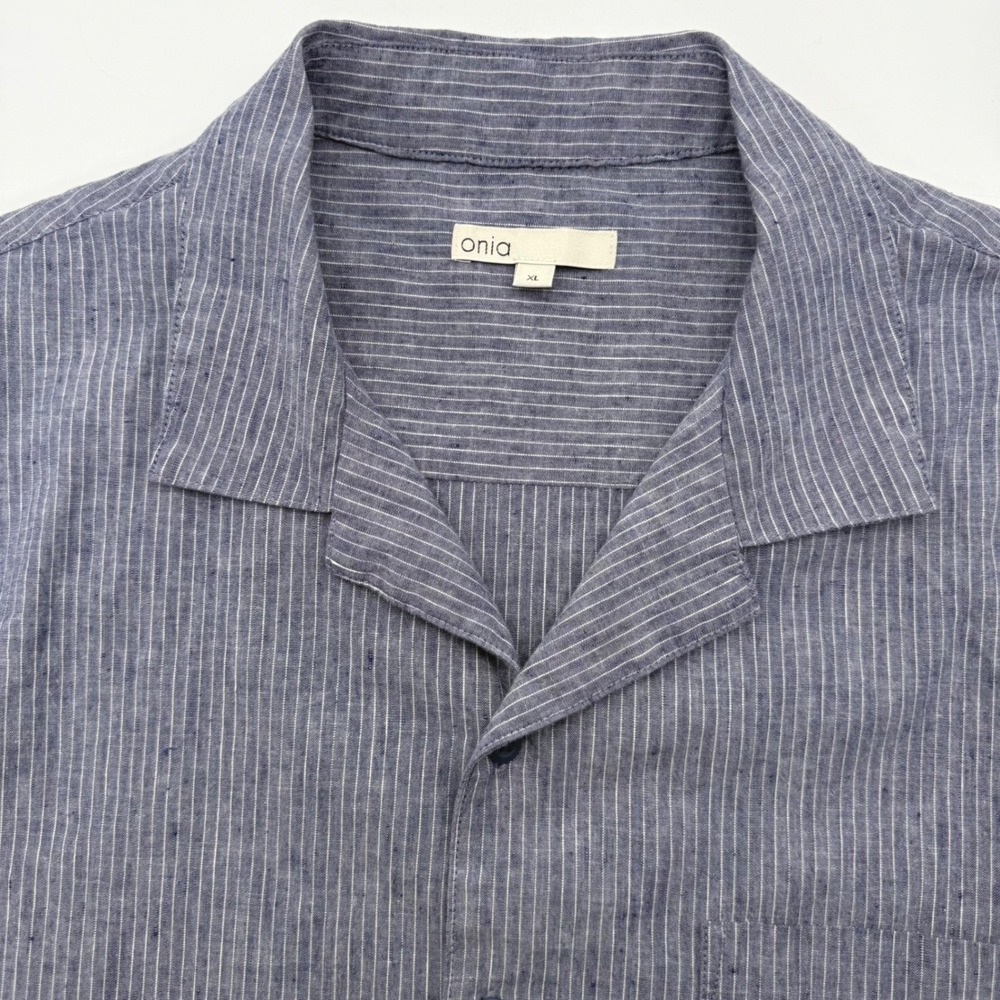 Onia Button Up Shirt Men XL Blue Pinstripe Linen Cotton Short Sleeve Camp Collar